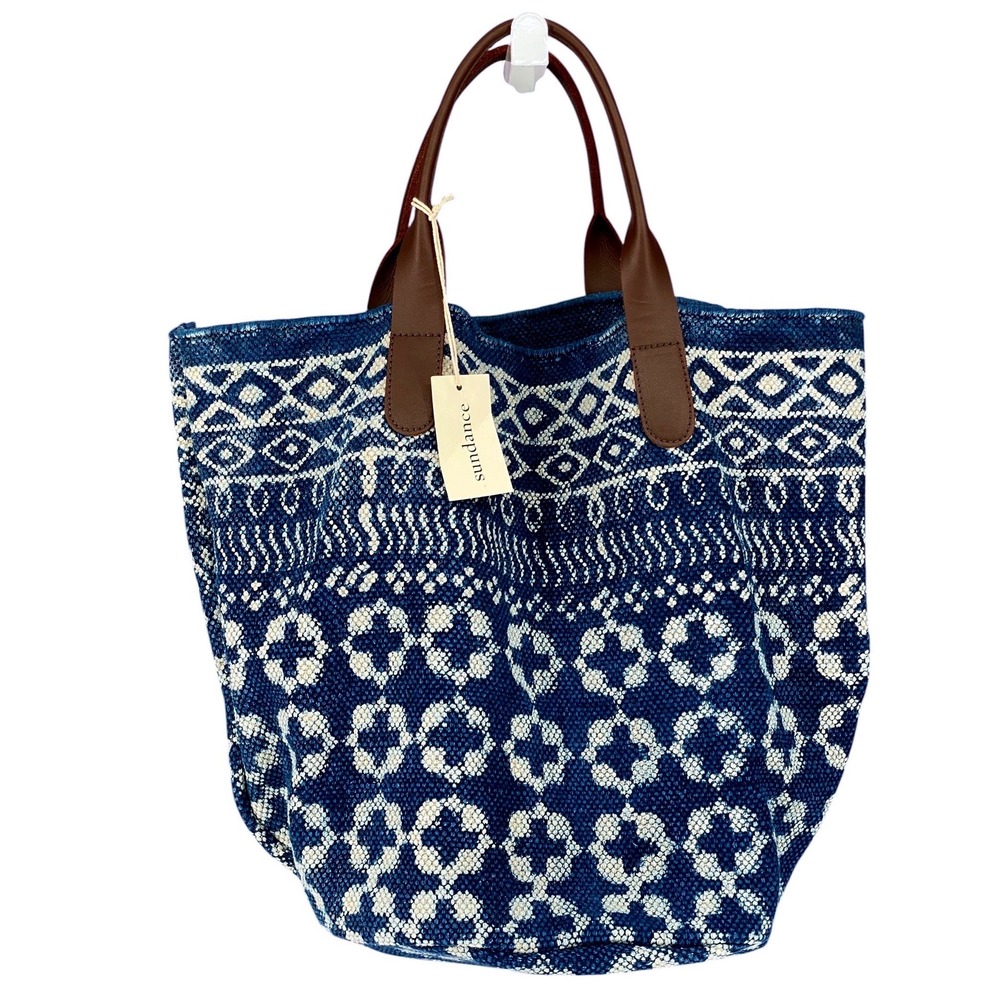 Sundance Indigo Dyed Geometric Pattern Cotton Blend Tote Bag Blue White New